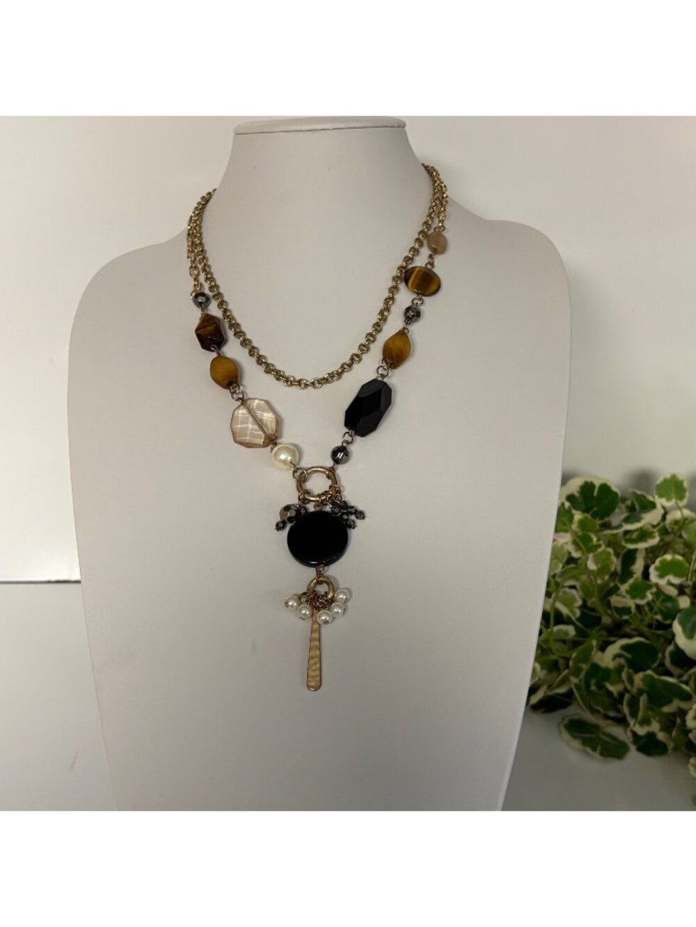 Mixed Bead Pendant Necklace Chain Layer Charms Dangles Browns Black Statement